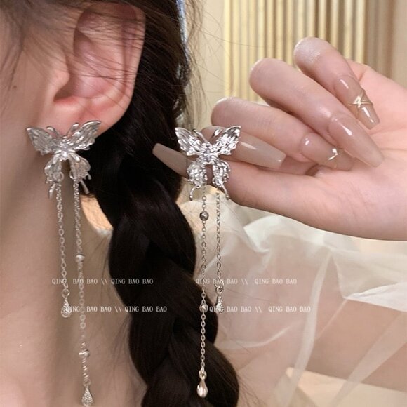Cool style butterfly exaggerated long tassel earrings - Picture 2 of 6